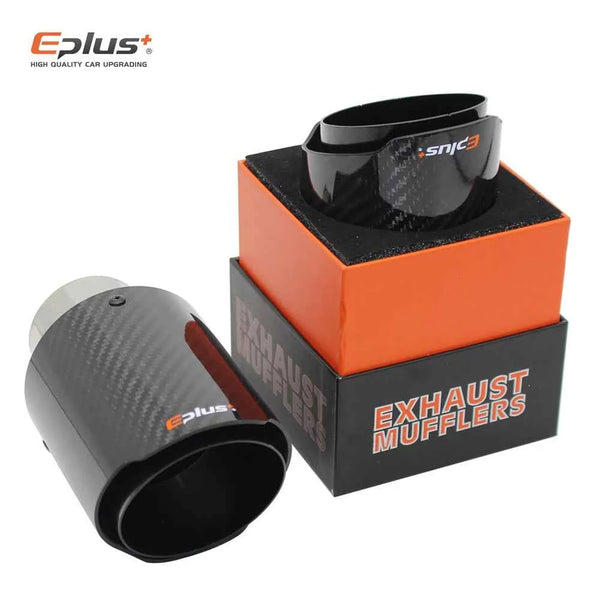 EPLUS Car Glossy Carbon Fiber Muffler Tip Exhaust System Pipe Mufflers Nozzle Universal Straight Stainless Black