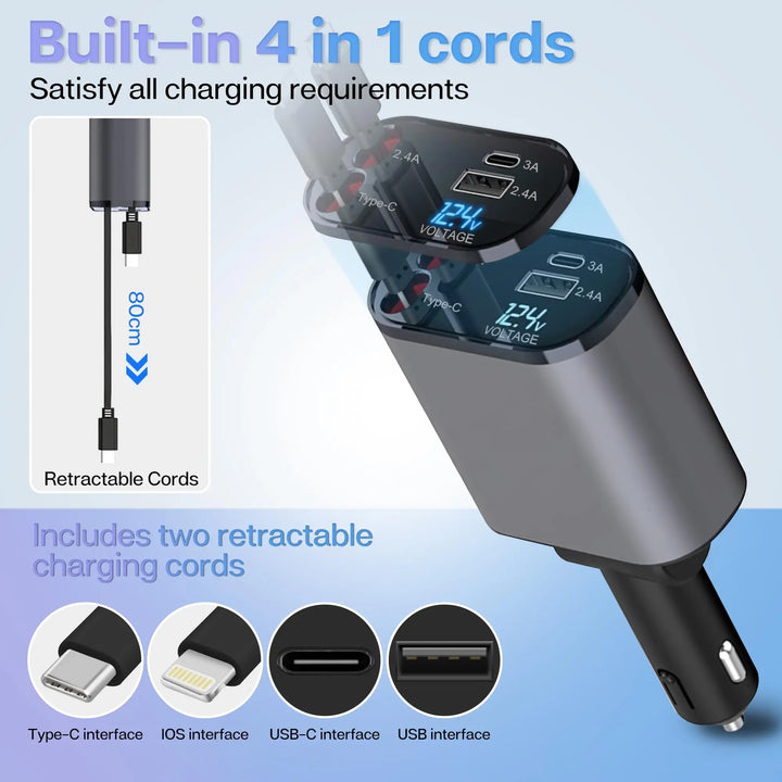 Retractable Car Charger | 120W 4-in-1 USB PD Type-C Fast Charging - Carmodza.com