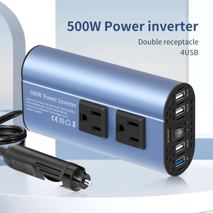 500W Car Power Inverter with Dual AC Outlets & 4 USB Ports - Carmodza.com