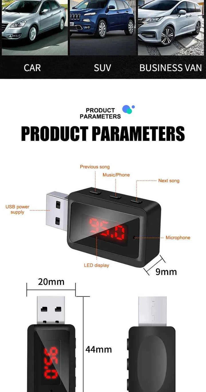 VAORLO Car Bluetooth 5.3 FM Transmitter USB Wireless Audio Adapter With MIC Hands-Free Calling Music For Car Audio