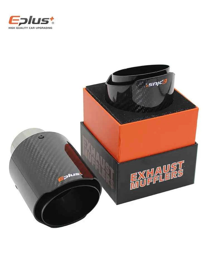 EPLUS Car Glossy Carbon Fiber Muffler Tip Exhaust System Pipe Mufflers Nozzle Universal Straight Stainless Black