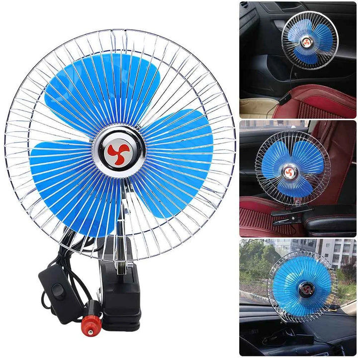 8 Inch Air Cooling Fan 12V/24V 15W Electric Car Oscillating Fan Low Noise Summer Cooling Fan Rotation Adjustable Clip-On Car Fan