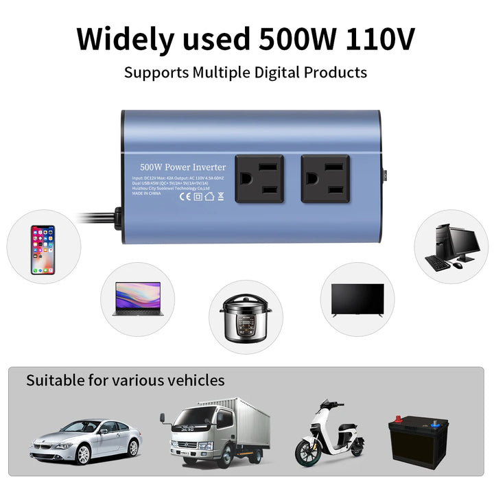 500W Car Power Inverter with Dual AC Outlets & 4 USB Ports - Carmodza.com