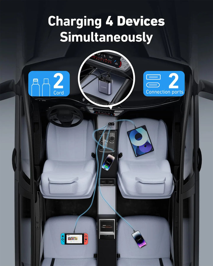 Retractable Car Charger | 120W 4-in-1 USB PD Type-C Fast Charging - Carmodza.com