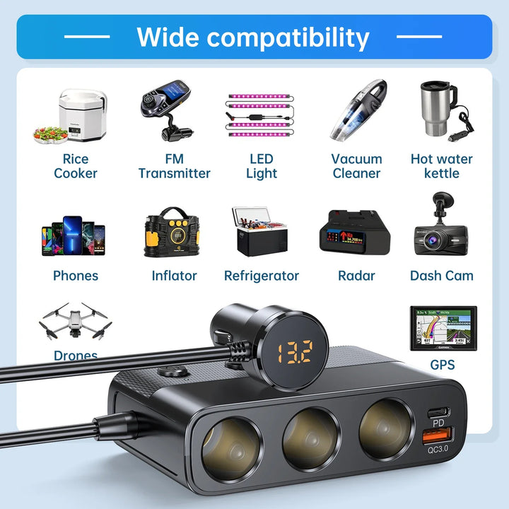 128W Car Charger Splitter Adapter with PD 30W & QC 3.0 Fast Charging - Carmodza.com