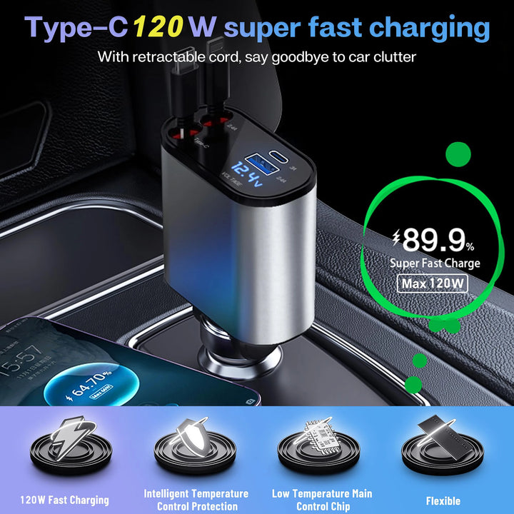 Retractable Car Charger | 120W 4-in-1 USB PD Type-C Fast Charging - Carmodza.com
