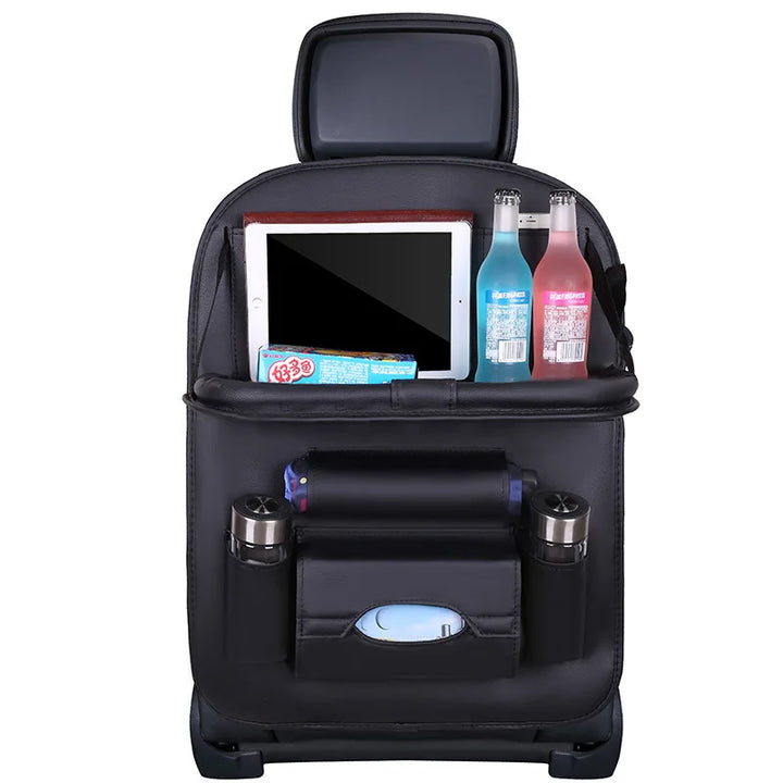 PU Leather Car Seat Organizer with Foldable Tray Table - Carmodza.com