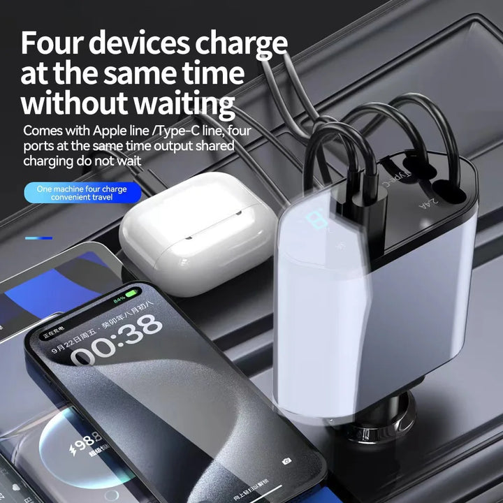 Retractable Car Charger | 120W 4-in-1 USB PD Type-C Fast Charging - Carmodza.com