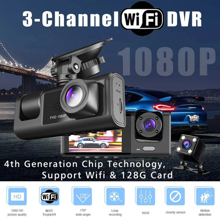 3-Channel WiFi Dash Cam 1080p with Interior & Rear Camera - Carmodza.com