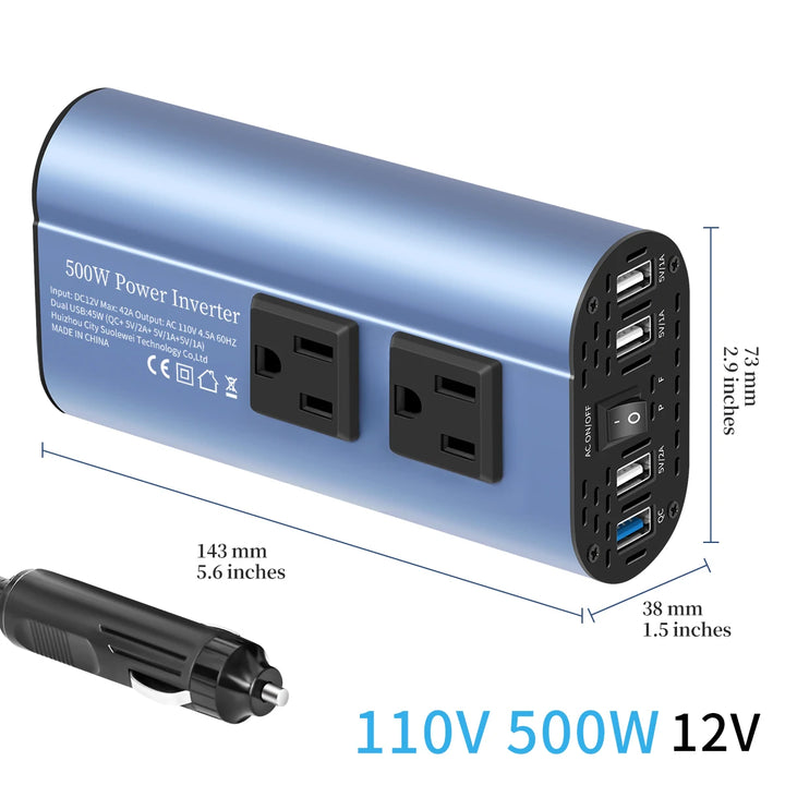 500W Car Power Inverter with Dual AC Outlets & 4 USB Ports - Carmodza.com