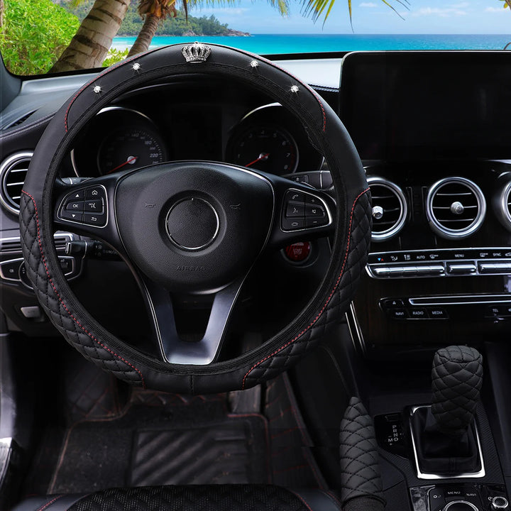 Leather Car Cover Set - 3pc Quilted Crown & Diamond Accent - Carmodza.com