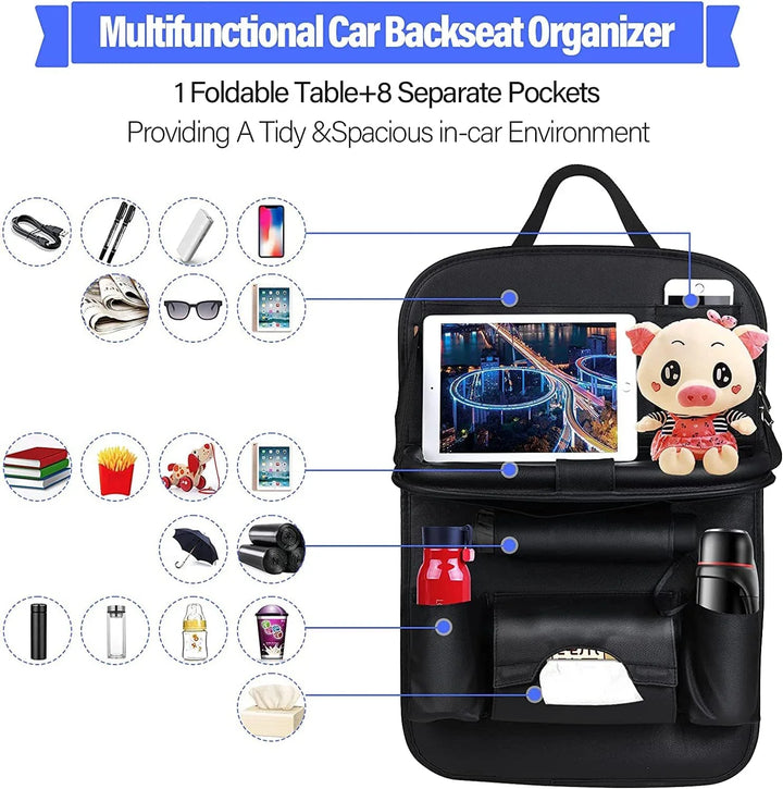 PU Leather Car Seat Organizer with Foldable Tray Table - Carmodza.com