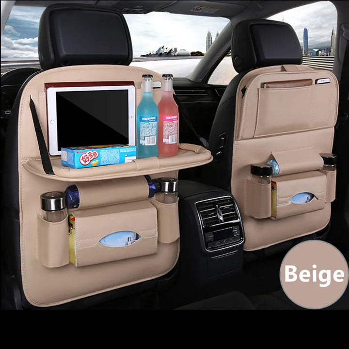PU Leather Car Seat Organizer with Foldable Tray Table - Carmodza.com