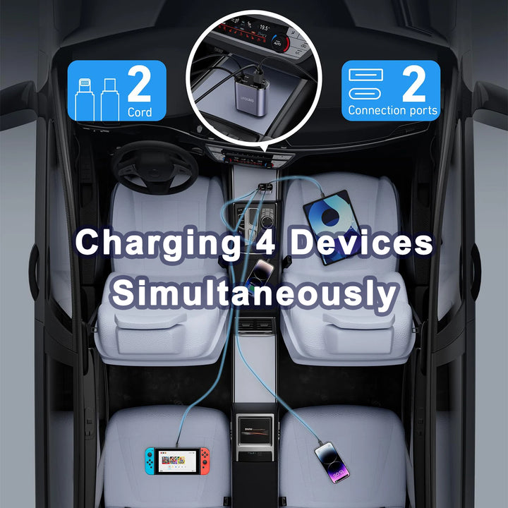Retractable Car Charger | 120W 4-in-1 USB PD Type-C Fast Charging - Carmodza.com