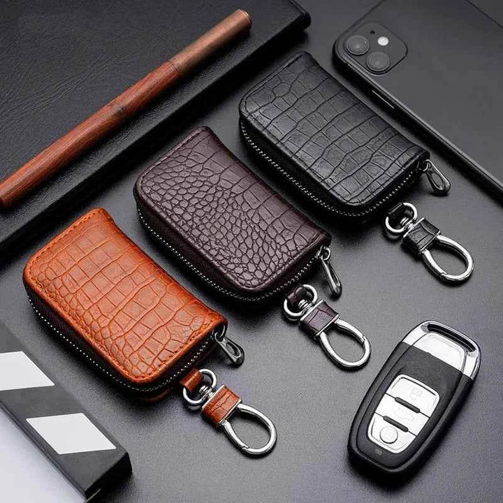 Crocodile Print Leather Car Key Bag | Protective Zipper Key Fob Case - Carmodza.com