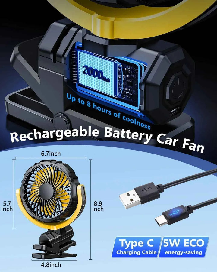 Eary Portable Car Clip on Fan 2000mAh Battery Powerful 3 Speed Quiet 900°Rotate USB Rechargeable Mini Cooler Fan Car Electronic