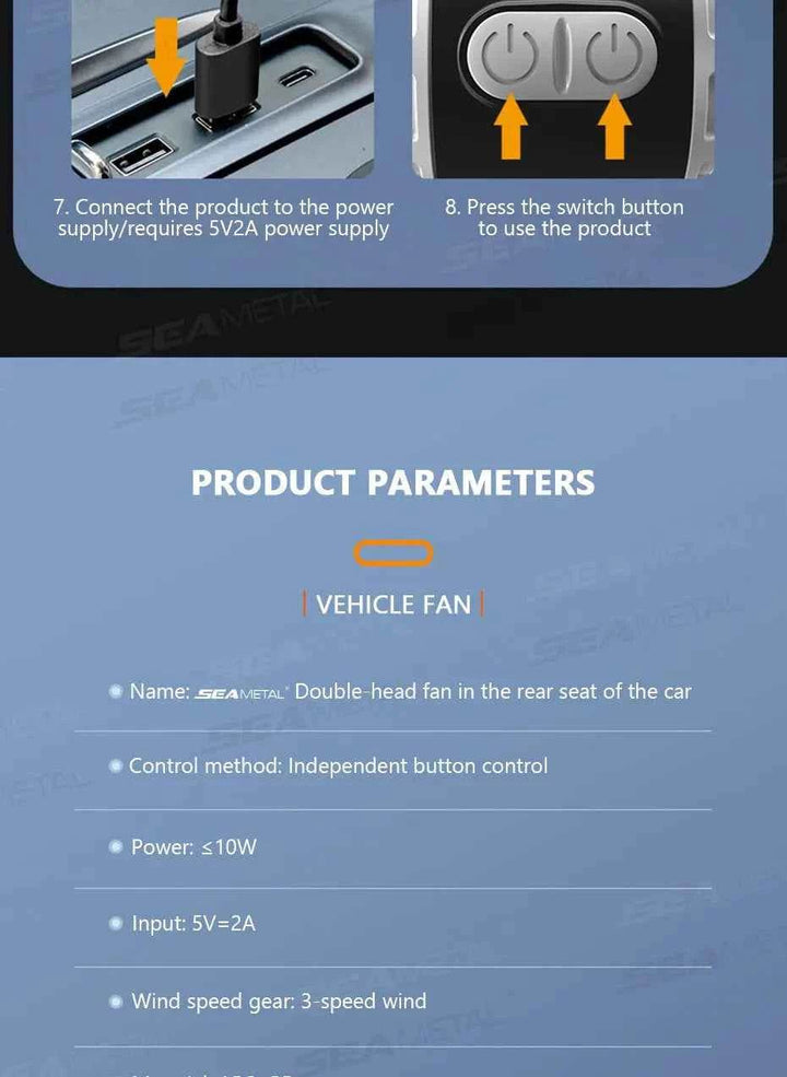 Car Headrest Cooling Fan - SEAMETAL Dual-Head USB - Carmodza.com