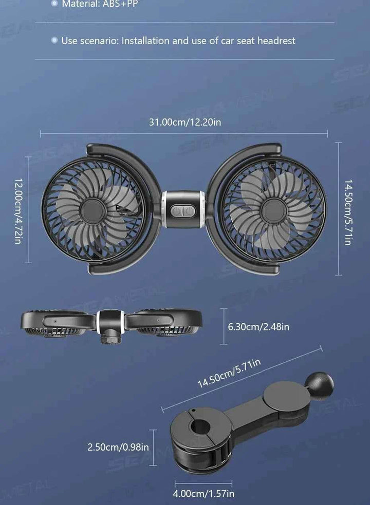 Car Headrest Cooling Fan - SEAMETAL Dual-Head USB - Carmodza.com