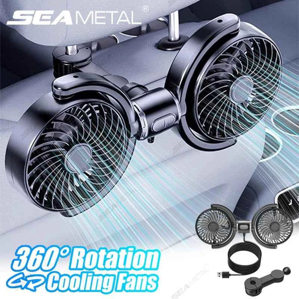 SEAMETAL Silent Car USB Fan Free-Rotation Dual-Head Car Headrest Cooling Fans Energy-Efficient 3-Speed Strong Wind Brushless Fan