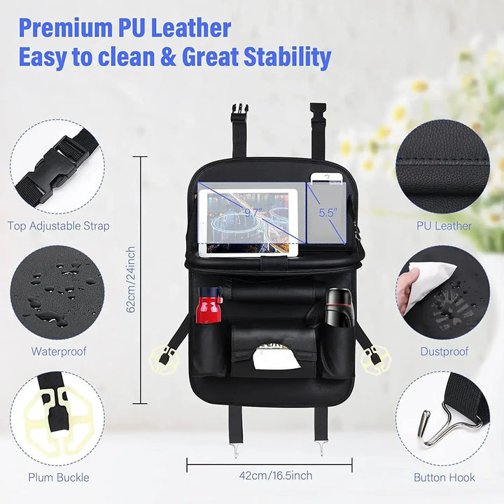 PU Leather Car Seat Organizer with Foldable Tray Table - Carmodza.com