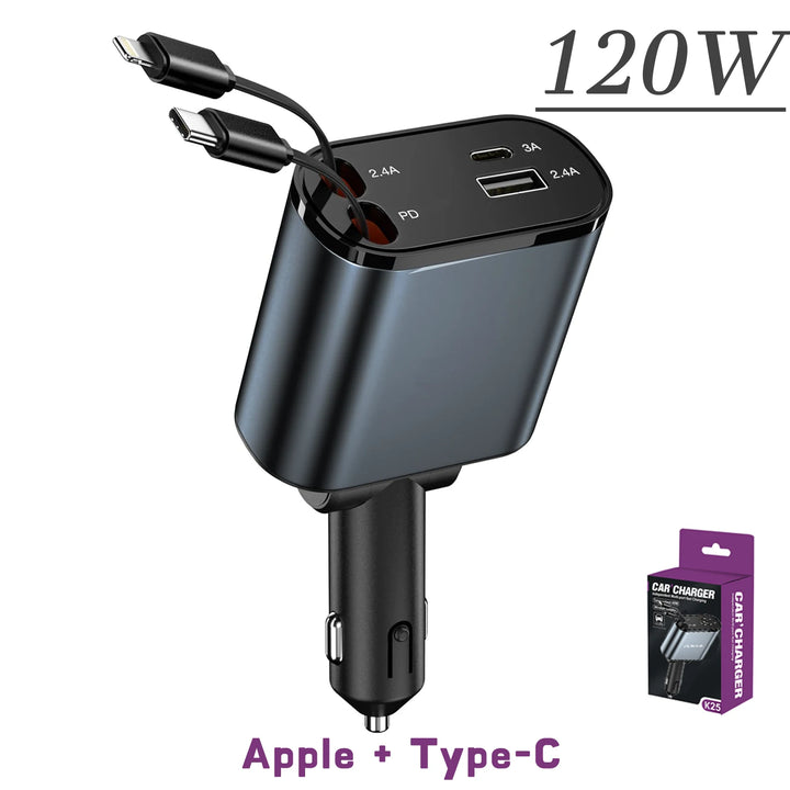 Retractable Car Charger | 120W 4-in-1 USB PD Type-C Fast Charging - Carmodza.com