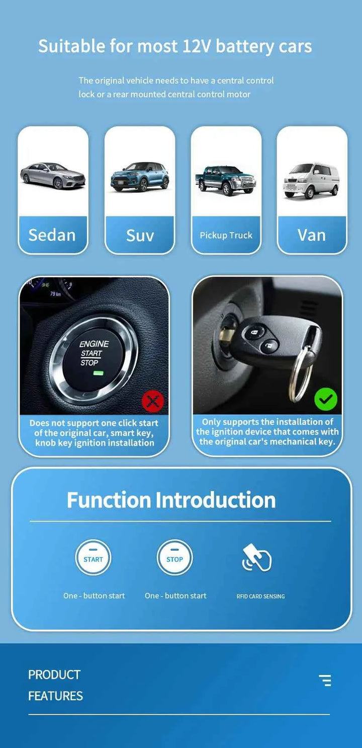 Car Push Start System Push To Start Ignition Kit RFID Technology Passive Inductive Key for 12v Vehicles