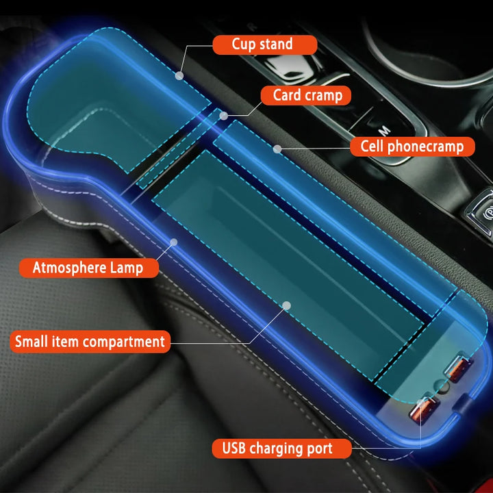 LED Car Seat Gap Organizer with USB, Cup Holder & 7-Color Light - Carmodza.com