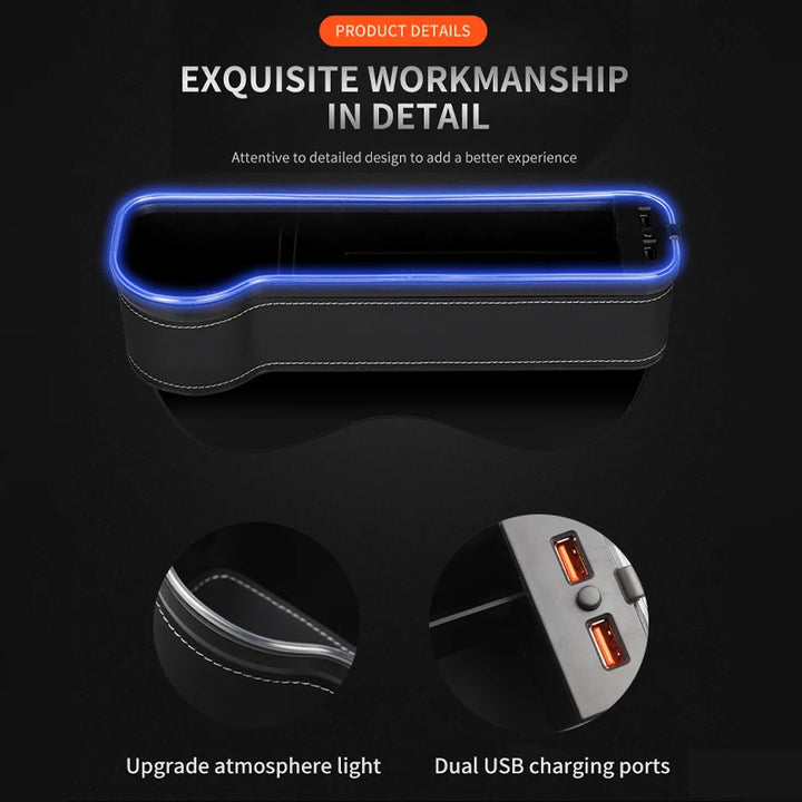 LED Car Seat Gap Organizer with USB, Cup Holder & 7-Color Light - Carmodza.com