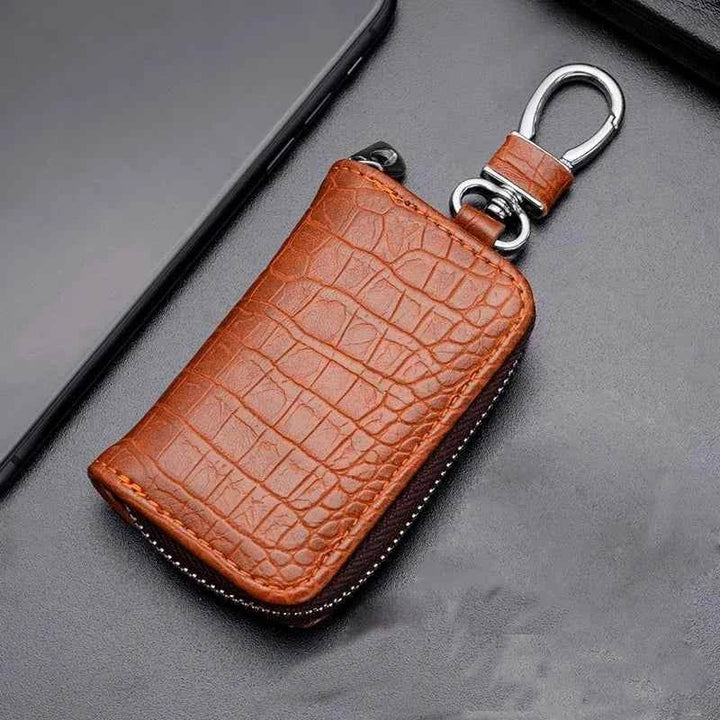 Crocodile Print Leather Car Key Bag | Protective Zipper Key Fob Case - Carmodza.com