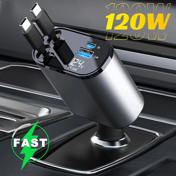 Retractable Car Charger | 120W 4-in-1 USB PD Type-C Fast Charging - Carmodza.com