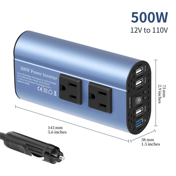 500W Car Power Inverter with Dual AC Outlets & 4 USB Ports - Carmodza.com