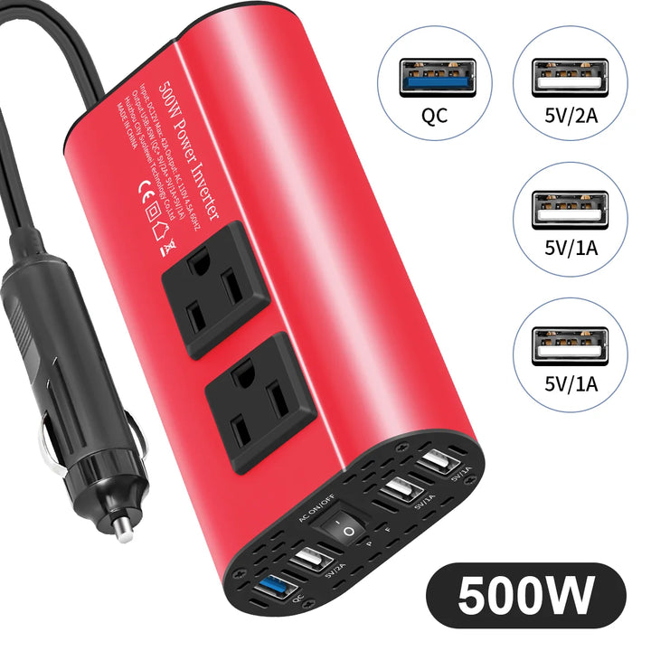 500W Car Power Inverter with Dual AC Outlets & 4 USB Ports - Carmodza.com