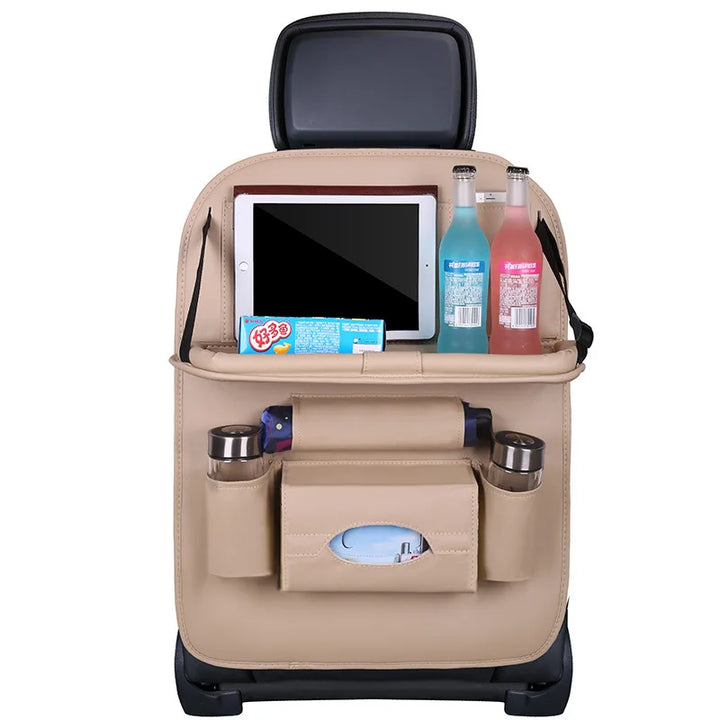 PU Leather Car Seat Organizer with Foldable Tray Table - Carmodza.com