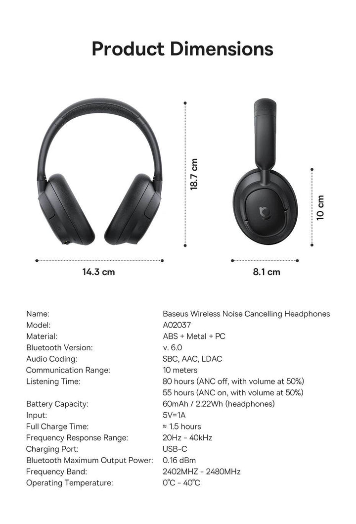 Baseus Wireless Noise Canceling Headphones - 120H Playtime - Carmodza.com