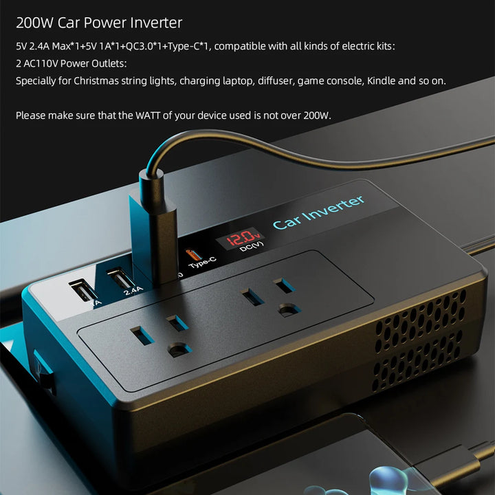200W Car Power Inverter with USB & Type-C Ports - Carmodza.com