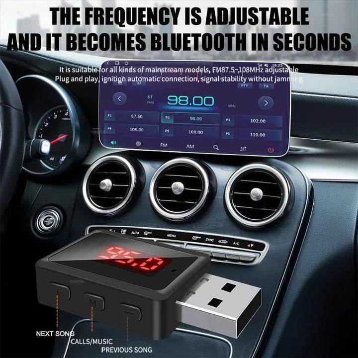 VAORLO Car Bluetooth 5.3 FM Transmitter USB Wireless Audio Adapter With MIC Hands-Free Calling Music For Car Audio