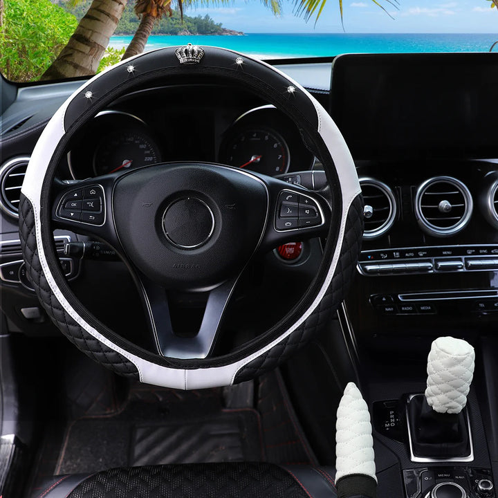 Leather Car Cover Set - 3pc Quilted Crown & Diamond Accent - Carmodza.com