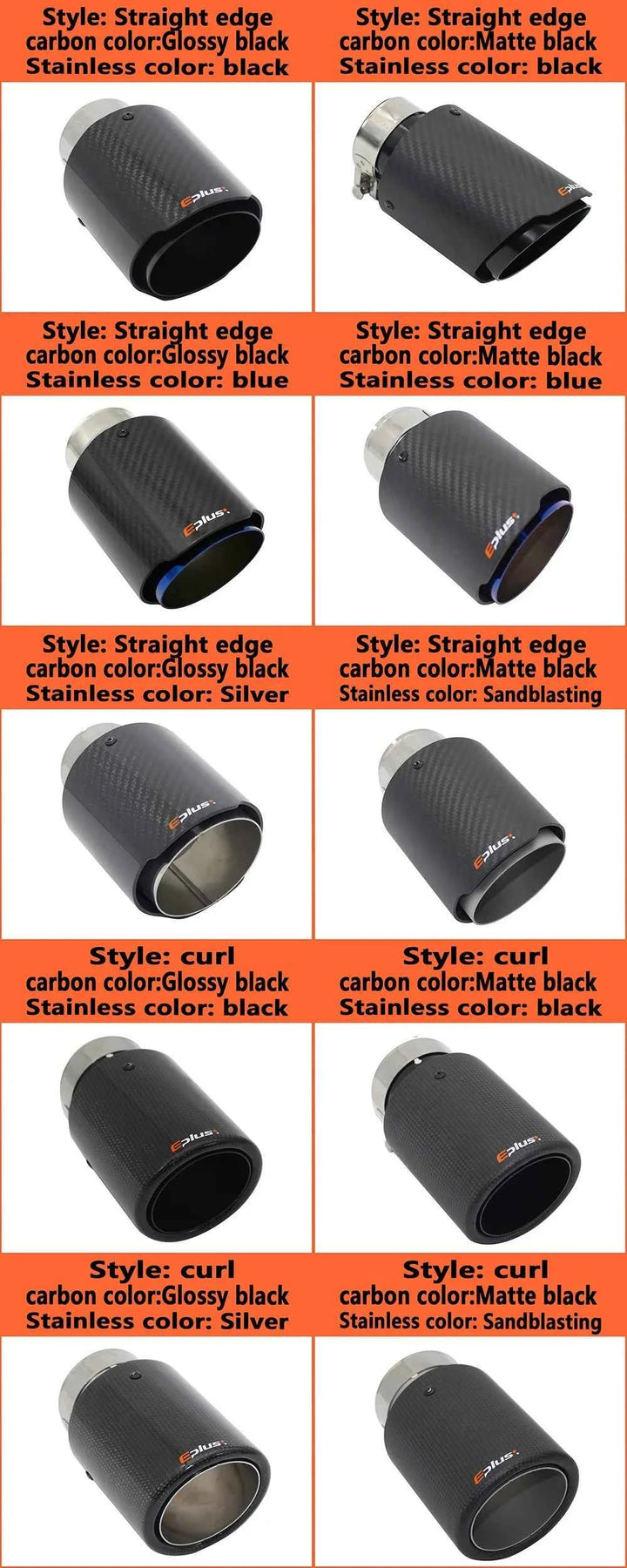 EPLUS Car Glossy Carbon Fiber Muffler Tip Exhaust System Pipe Mufflers Nozzle Universal Straight Stainless Black