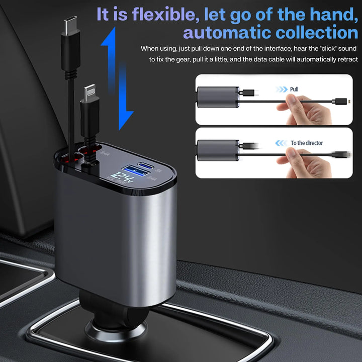 Retractable Car Charger | 120W 4-in-1 USB PD Type-C Fast Charging - Carmodza.com
