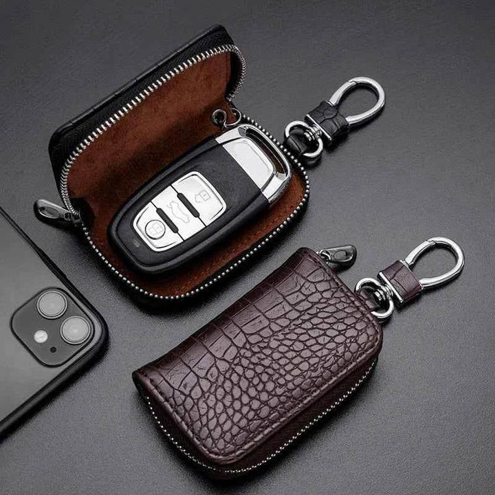 Crocodile Print Leather Car Key Bag | Protective Zipper Key Fob Case - Carmodza.com