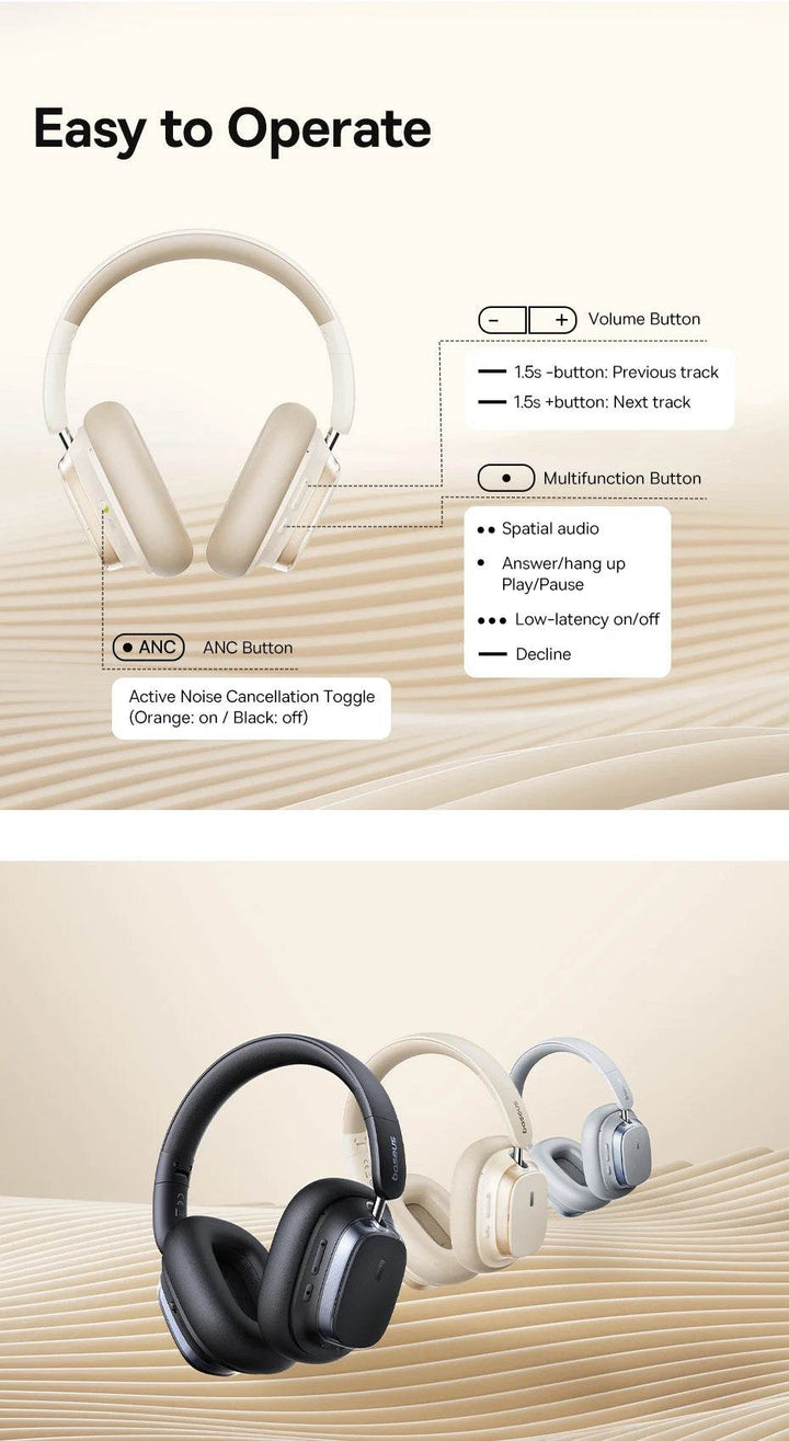 Baseus Wireless Noise Canceling Headphones - 120H Playtime - Carmodza.com