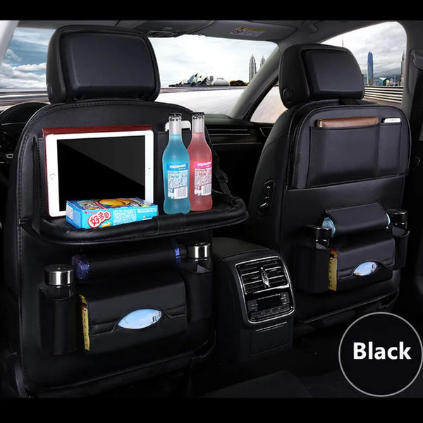 PU Leather Car Seat Organizer with Foldable Tray Table - Carmodza.com