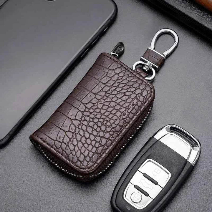 Crocodile Print Leather Car Key Bag | Protective Zipper Key Fob Case - Carmodza.com