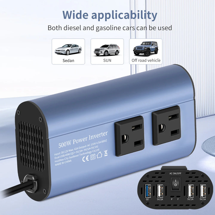 500W Car Power Inverter with Dual AC Outlets & 4 USB Ports - Carmodza.com