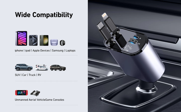 Retractable Car Charger | 120W 4-in-1 USB PD Type-C Fast Charging - Carmodza.com