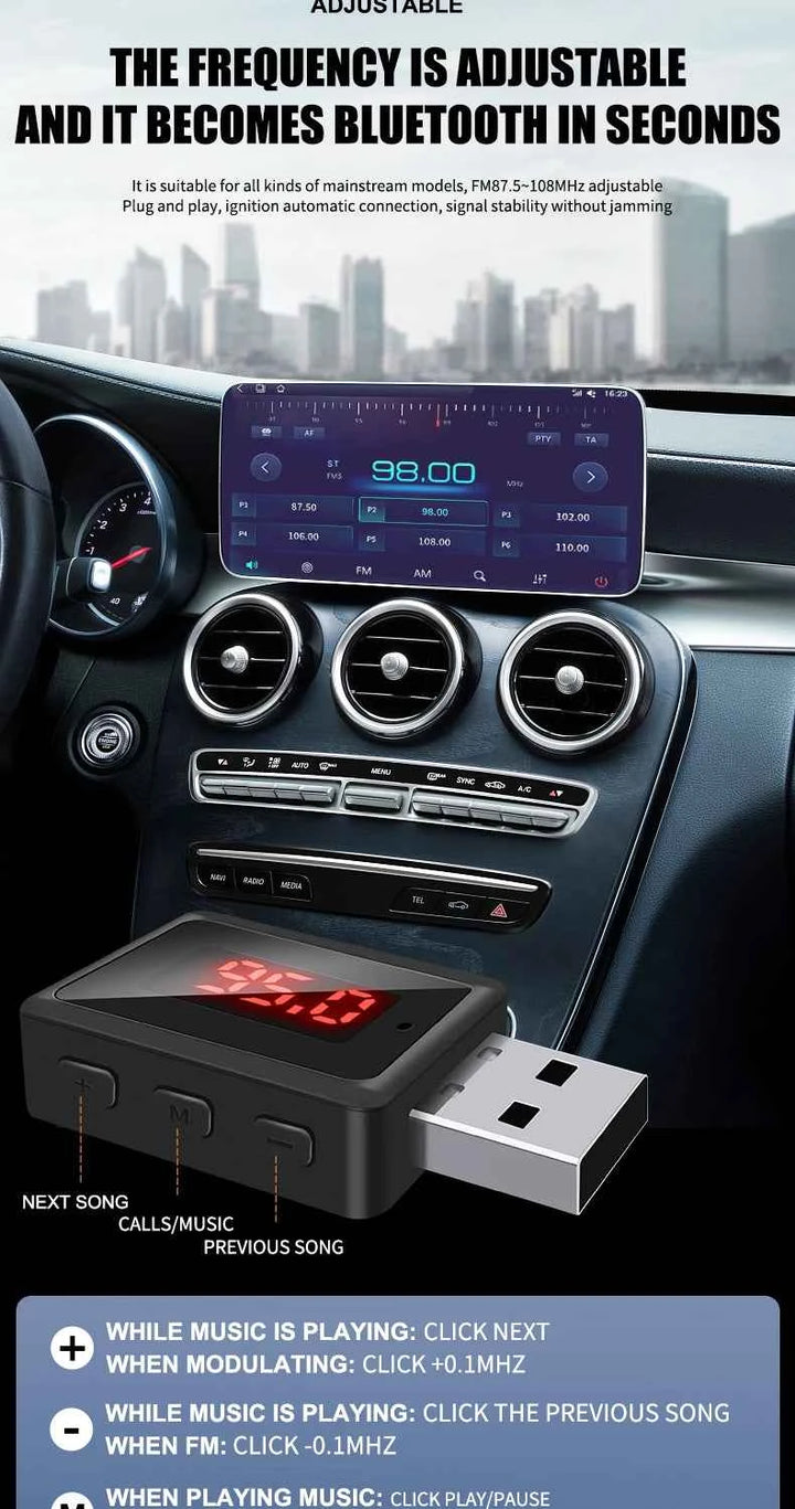 VAORLO Car Bluetooth 5.3 FM Transmitter USB Wireless Audio Adapter With MIC Hands-Free Calling Music For Car Audio