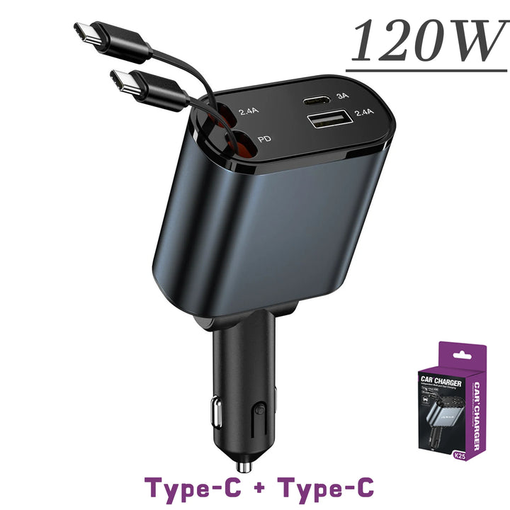 Retractable Car Charger | 120W 4-in-1 USB PD Type-C Fast Charging - Carmodza.com