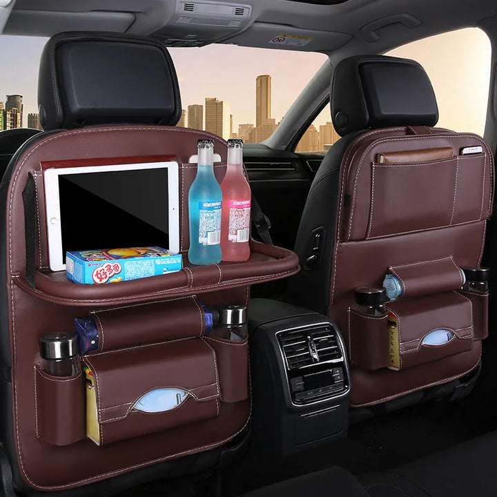 PU Leather Car Seat Organizer with Foldable Tray Table - Carmodza.com