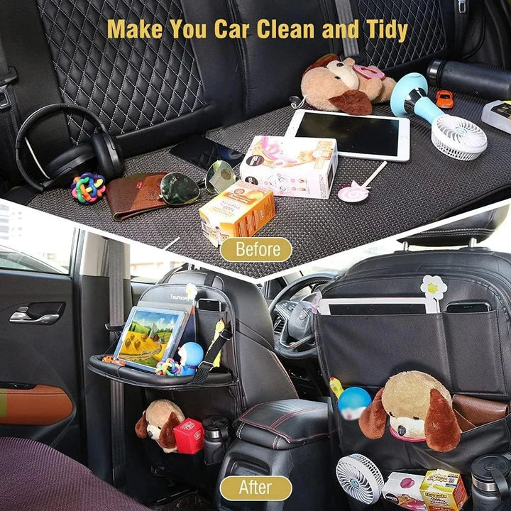 PU Leather Car Seat Organizer with Foldable Tray Table - Carmodza.com