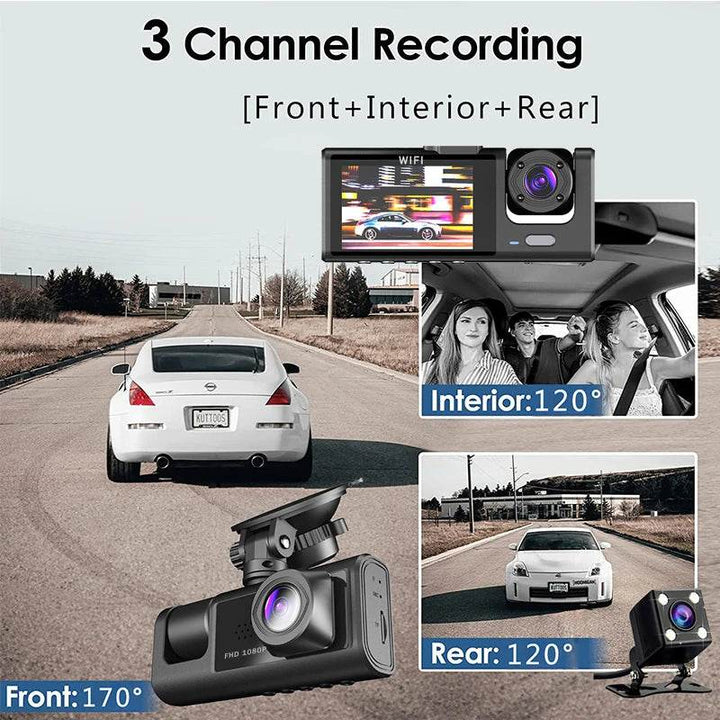 3-Channel WiFi Dash Cam 1080p with Interior & Rear Camera - Carmodza.com